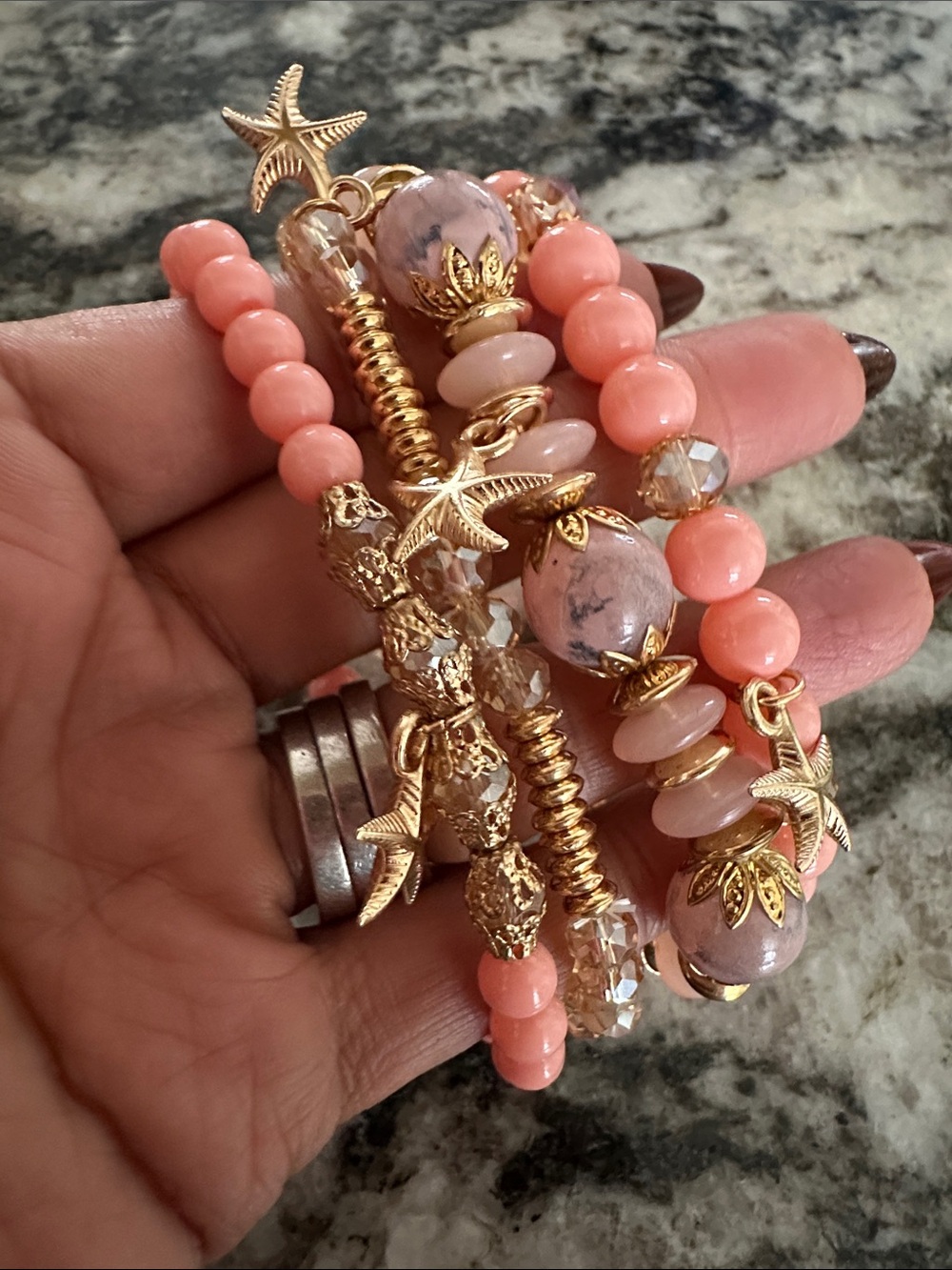Gold and Coral Beaded Charm Bracelet Set